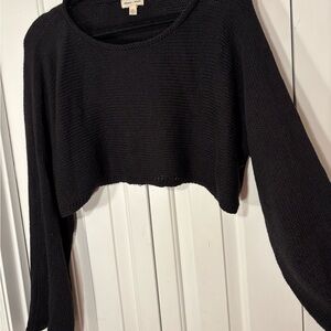 Cropped Boho Bell Sleeve Knit Sweater in Black.